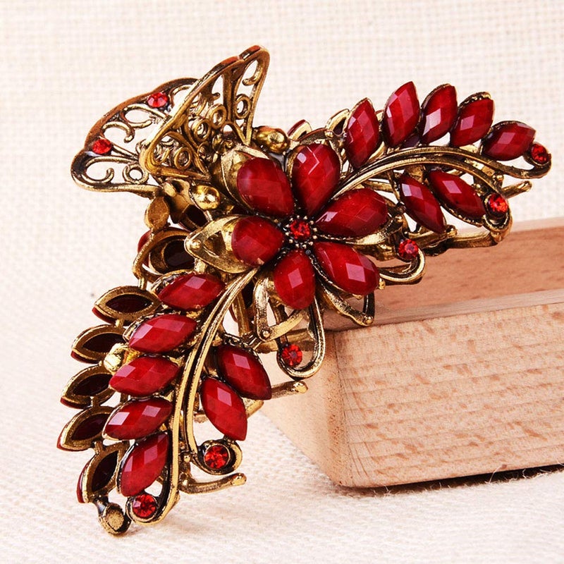 Suoirblss Large Metal Rhinestone Alloy Hair Claw Jaw Clip Retro Flowers Hair Clip Fancy Hair Barrette Clamp for Women Thick Hair (Red) - Image 2